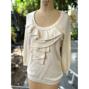 Talbots Cream 100% Cashmere Ruffle Front Long Sleeve Sweater Size S Scoop Neck